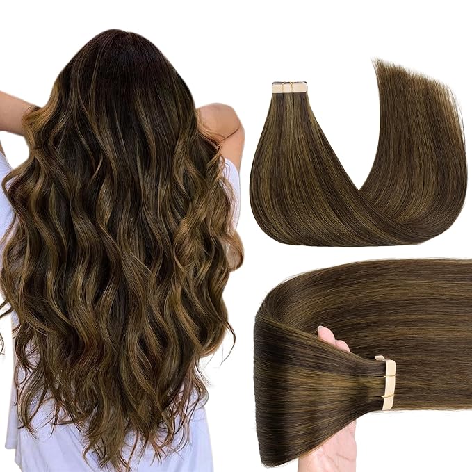 GOO GOO Tape in Hair Extensions Human Hair, 2C/4E/6C Brown Sugar Swirl Highlights, 22inch 50g 20pcs, Skin Weft Seamless Invisible, Silky Straight with Thick Ends, Remy Human Hair