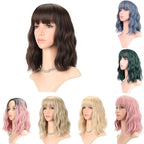 FAELBATY Blue Wigs With Air Bangs Shoulder Length Short Wave Wig For Women Curly Wavy Synthetic Cosplay Wig Blue Wig for Girl Halloween Costume Wigs (12" Dusky Blue Color)