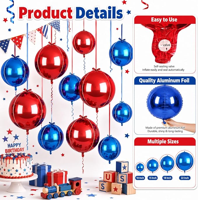 Blue and Red Round Foil Balloons, Metallic Red Blue Large Balloons - Image 3