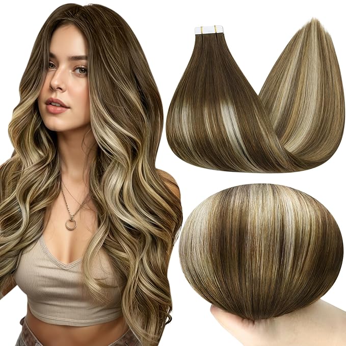 Full Shine Seamless Tape In Hair Extensions Human Hair Balayage Color Ombre Brown And Blonde 4/27/60/8 Soft Natural Hair Extensions Tape In 20 Inch Double Sided 50 Gram 20 Pcs Add Length