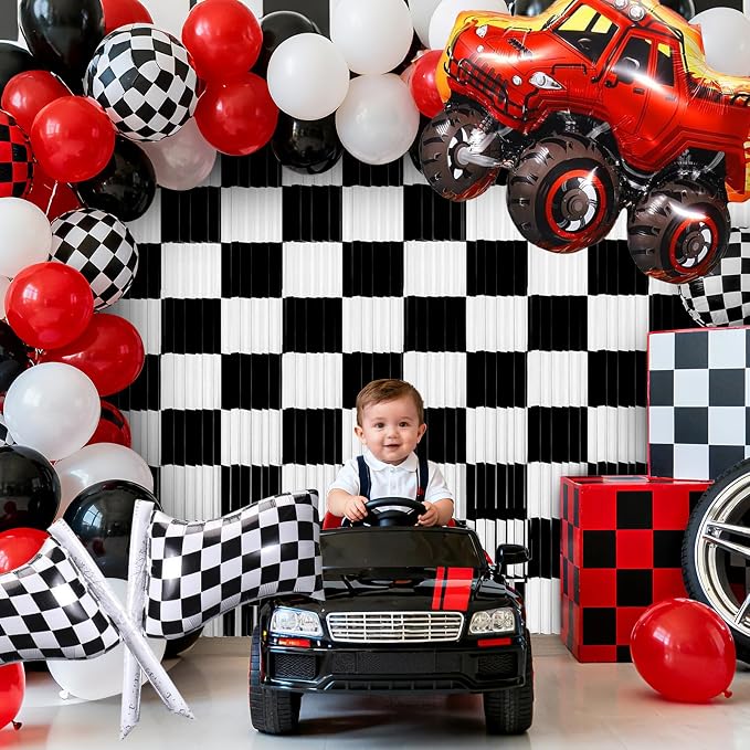 2 Packs Race Car Foil Fringe Curtain, Baby Shower, Racing Car Truck One Happy - Image 2