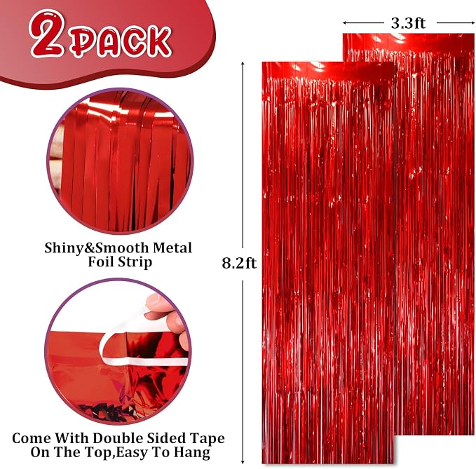Voircoloria Red Foil Fringe Backdrop Curtains, 2 Pack | Tinsel Streamers - Image 2