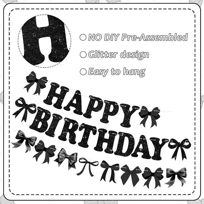 Glitter Black Bow Happy Birthday Banner Pre-Strung Coquette Birthday - Image 3