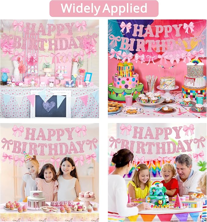 Glitter Pink Bow Happy Birthday Banner Pre-Strung Coquette Birthday Decorations - Image 7
