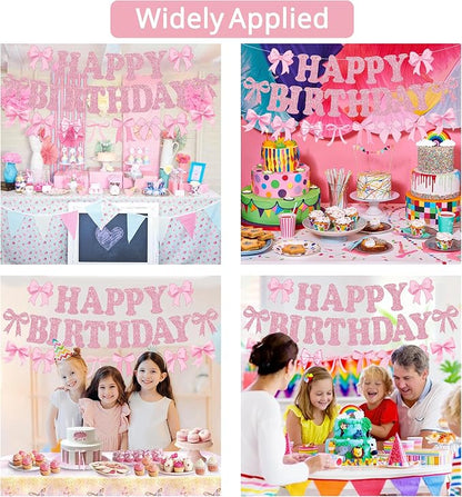 Glitter Pink Bow Happy Birthday Banner Pre-Strung Coquette Birthday Decorations - Image 7