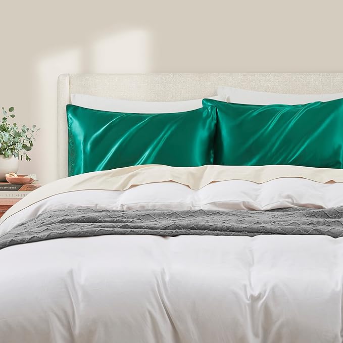 Blackish Green Satin Pillowcase Standard Set of 2 with Envelope Closure，Blackish Green Silk Pillowcase for Hair and Skin (20x26)