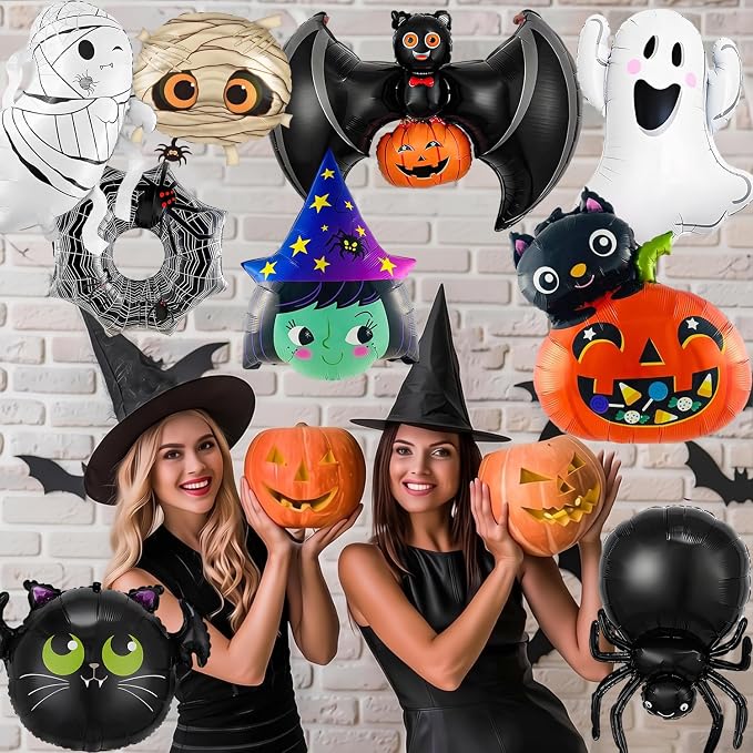 9Pcs Halloween Balloons Decoration Set, Foil Ghost, Spider Web, Pumpkin & Bat - Image 3