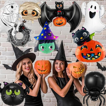 9Pcs Halloween Balloons Decoration Set, Foil Ghost, Spider Web, Pumpkin & Bat - Image 3