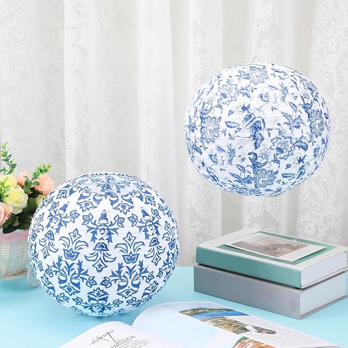 12 Pcs Chinoiserie Party Decor Blue White Porcelain Paper Lantern | 10" - Image 2