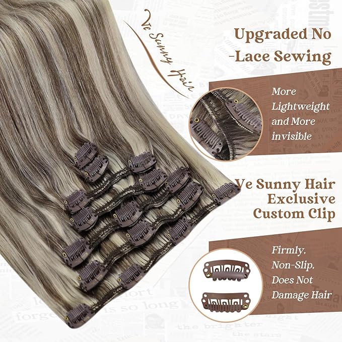 Ve Sunny Clip in Hair Extensions Real Human Hair Double Weft Remy Hair Clip in Extensions Human Hair for Women Full Head Light Brown Highlight Platinum Blonde 7pcs 120g 22 inch