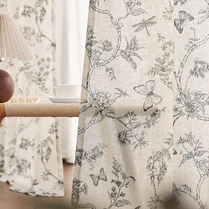 Black Floral Linen Curtains Farmhouse Rod Pocket 50W X 84L 2 Panels | Charlotte - Image 4