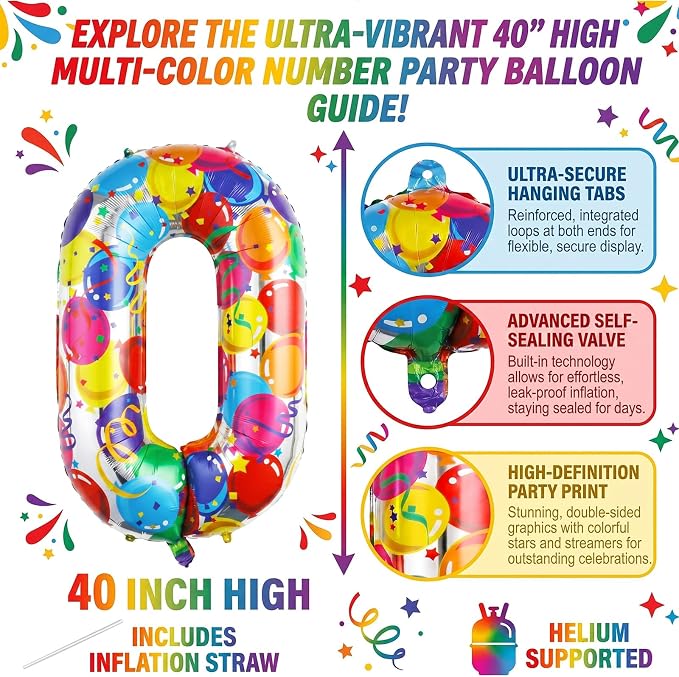 40 Inch Number 0 Balloon Colorful Party Pattern Helium Supported | Large Foil - Image 2