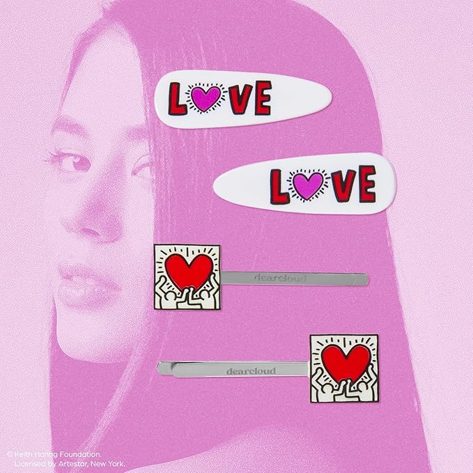 dearcloud Keith Haring Love & Unity Comfort Hair Clips Set of 4 – Creaseless & Teeth-Free (Love & Unity)