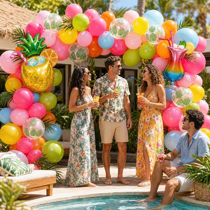 Tropical Balloons, 12 Inch Blue Hot Pink Yellow Orange Green Pink Balloons - Image 5
