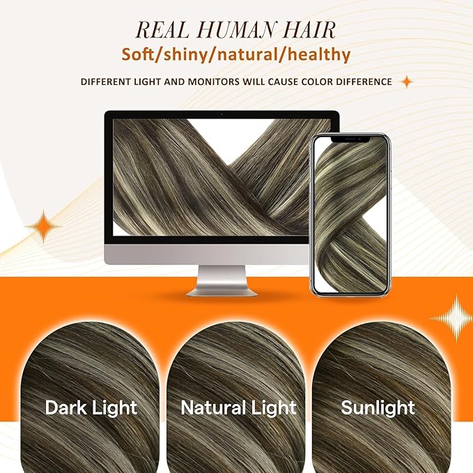 Full Shine Seamless Hair Extensions Clip in 14 Inch Brown Balayage Clip in Hair Extensions Straight Dark Brown Balayage Platinum Blonde Hair Softness 8 PCS 120 Grams