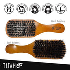 TITAN Double Sided Boar Bristle Brush, 100% Natural Firm and Soft Bristles with Wooden Handle, 2-in-1 Hair Brush for Waves, Fades, and Slick Back Styling, Durable Wood Design for Men and Women