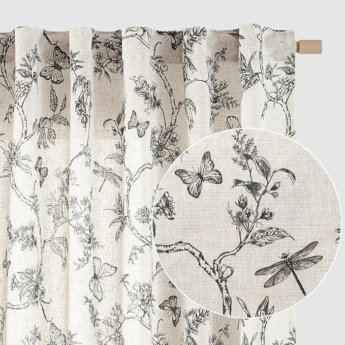 Black Floral Linen Curtains Farmhouse Rod Pocket 50W X 63L 2 Panels | Charlotte by Lazzzy