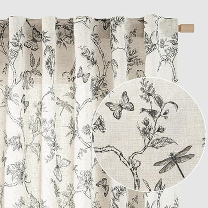 Black Floral Linen Curtains Farmhouse Rod Pocket 50W X 63L 2 Panels | Charlotte by Lazzzy