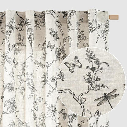 Black Floral Linen Curtains Farmhouse Rod Pocket 50W X 84L 2 Panels | Charlotte by Lazzzy