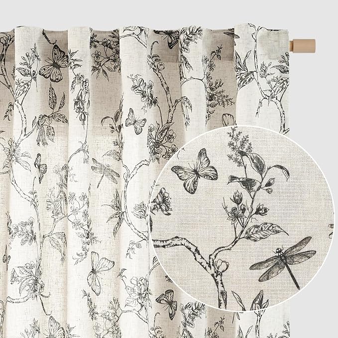 Black Floral Linen Curtains Farmhouse Rod Pocket 50W X 96L 2 Panels | Charlotte by Lazzzy