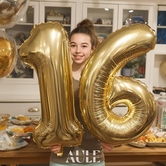 AULE 40 Inch Light Gold 16 Balloon Number Foil 0-9 Birthday Big Numbers | - Image 3