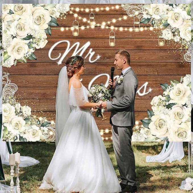 Mr and Mrs Wedding Backdrop for Engagement Party White Floral Rustic Wood - Image 4