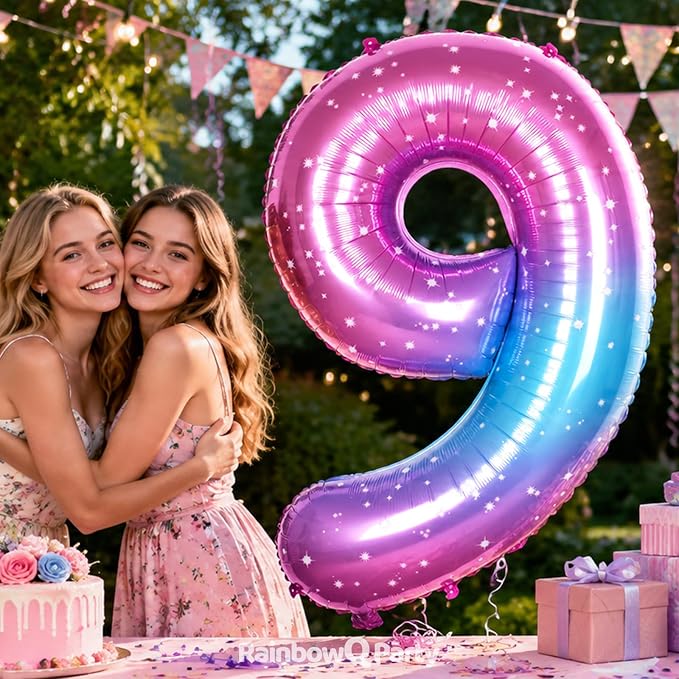 RainbowQ Blue Pink 9 Balloon Number 40 Inch Big 0-10 Foil Large Balloon | - Image 5