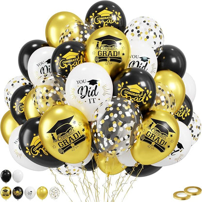 FunHot Black Gold Graduation Balloons, 12 Inch Black Gold White Confetti Grad by FunHot
