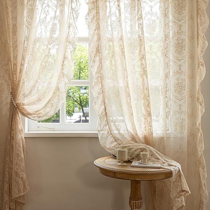 Deeprove Beige Lace Boho Sheer Curtains Cottage 2 Panels - Image 7