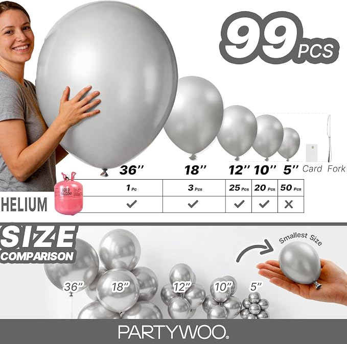 PartyWoo Silver Balloons 99pcs Different Sizes of 36 18 12 10 5 Inch | Balloons - Image 6