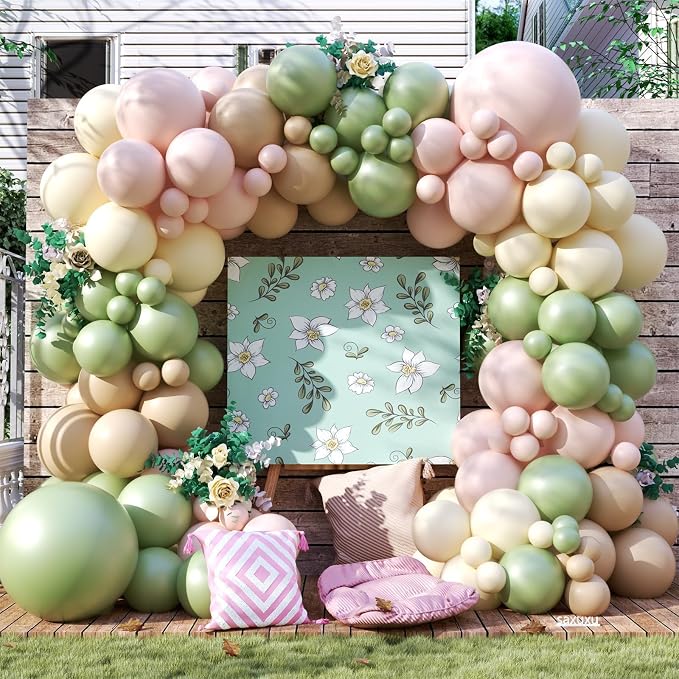 122PCS Pink and Green Balloon Arch Garland Kit by Saxuxu