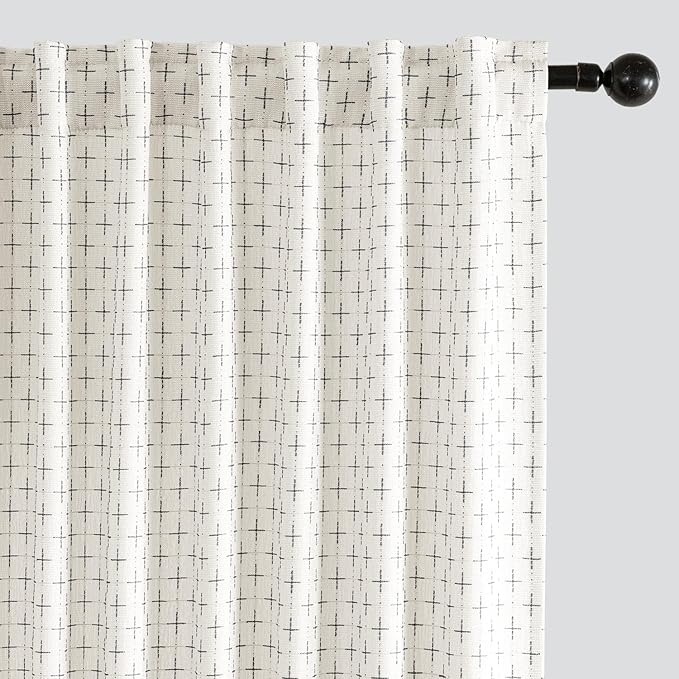 MIULEE Patterned Farmhouse Linen Curtains, Back Tab, Pure White | Linen Curtains by MIULEE