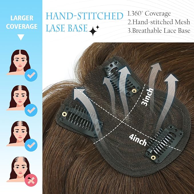 Hair Toppers for Women Real Human Hair Toppers for Women with Thinning Hair pieces with No Bangs 3 * 4Inch Hand-Tied Invisible Upgrade Swiss Base 10Inch Topper(Medium Brown)