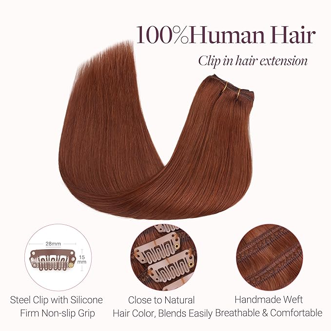GOO GOO Clip in Hair Extensions Real Human Hair, Remy Human Hair Extensions Clip ins for Women, Natural Human Hair, 14inch 120g 7 Pcs, #33B Dark Auburn Copper