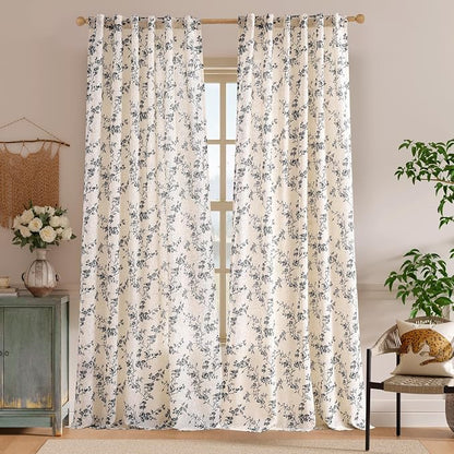 Extra Long Black Vintage Floral Linen Curtains Farmhouse 2 Panels | Elisa Series - Image 2
