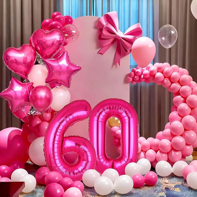 40 Inch Number Balloon Hot Pink 60 Set Pink Theme 60th Birthday Decor 10Pcs | - Image 3