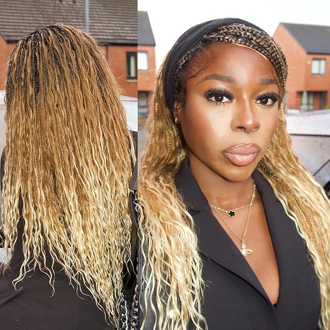 Human Hair Boho Curls Hand-Tied HD Full Lace Wig - 24" Salon-Level Small Box Synthetic Braids (121 Braids, High Density) Pre-Cut Swiss HD Lace, Pre-Plucked, Tangle-Free - 1B/27/613 Highlight