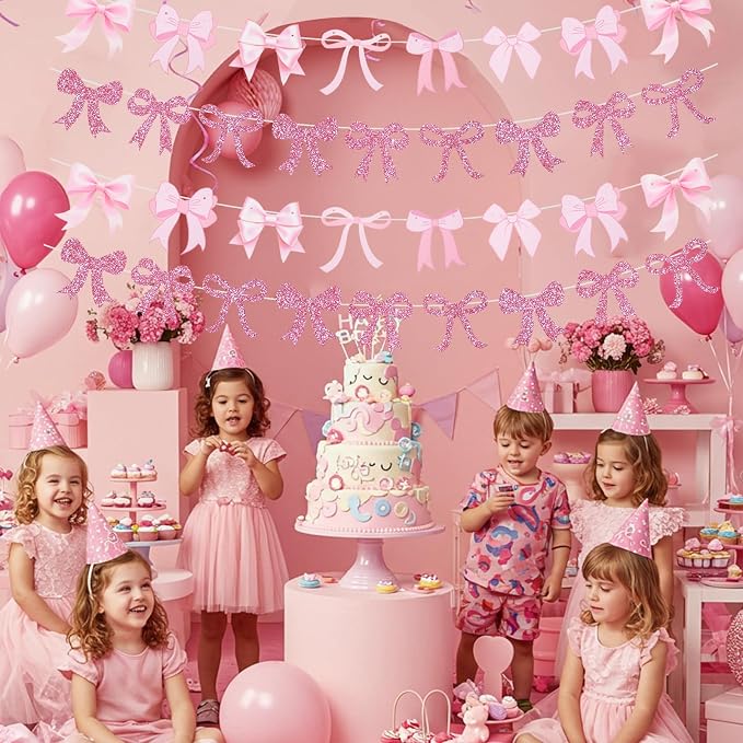 4pcs Glitter Pink Bow Garland Banner Pre-Strung Pink Bow Theme Party Backdrop - Image 4