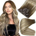 Full Shine 22 Inch Real Hair Extensions Clip in Brown Balayage Ombre Brown to Light Blonde Mix Brown Human Hair Extension Clip ins for Long Hair Add Volume 8 PCS 120 G