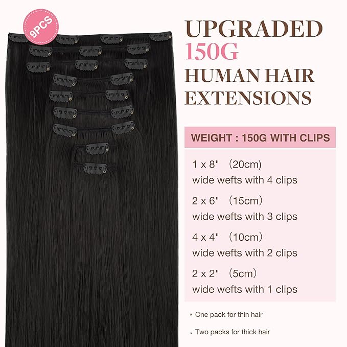 GOO GOO Clip in Hair Extensions Real Human Hair, Remy Human Hair Extensions Clip ins for Women, Natural Human Hair, 22inch 220g 9Pcs, #1B Natural Black