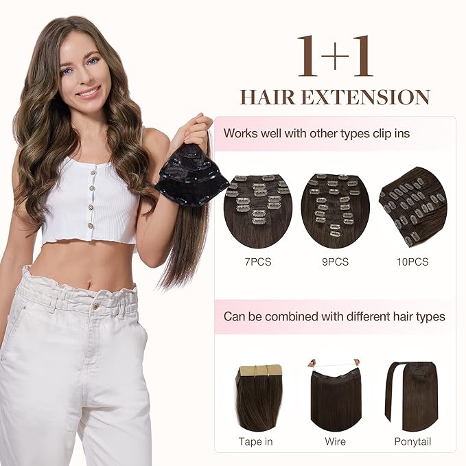 GOO GOO Clip in Hair Extensions Real Human Hair, Remy Human Hair Extensions Clip ins for Women, Natural Human Hair, 18inch 70g 4Pcs, 4/27/4 Balayage Chocolate Brown to Caramel Blonde