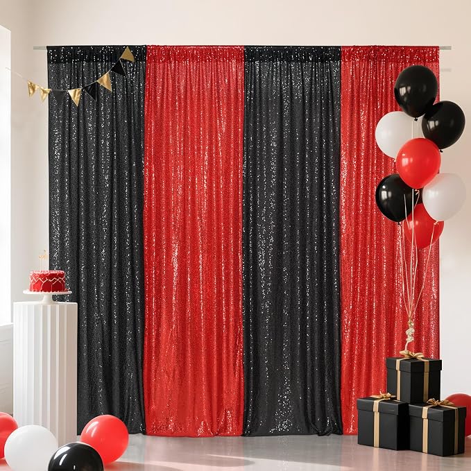Eternal Beauty Black & Red Sequin Backdrop Curtains, 4 Panels 2x8FT | 3mm - Image 3