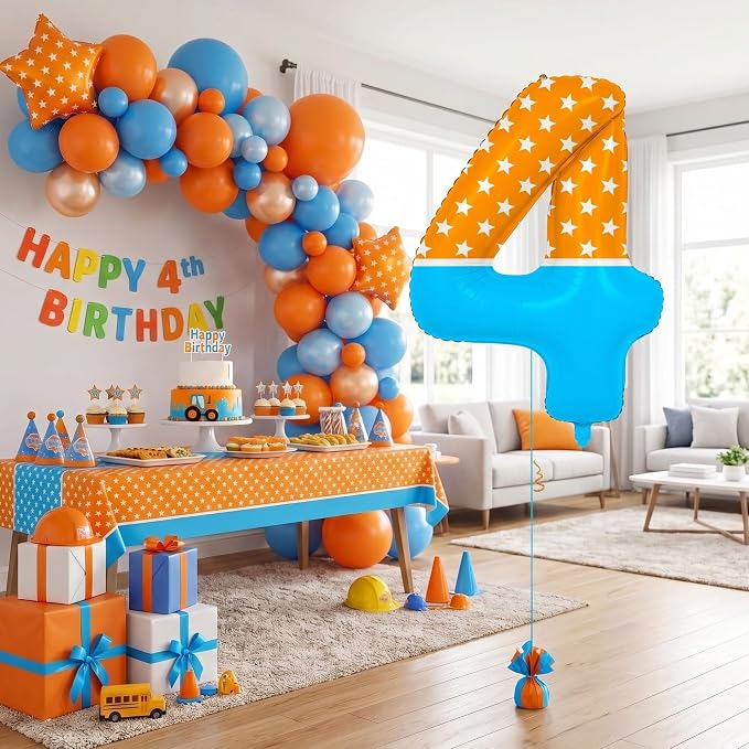 40 Inch Orange Blue Number 4 Balloon, Bow Tie Glasses Design - Image 5