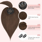 Hairro Mono Hair Toppers with Bangs, 3.4" x 3.4" Mono Base 100% Real Human Hairpieces for Women, 150% Density Clips In Topper for Greyish Thinning Hair, 6 Inch Dark Brown