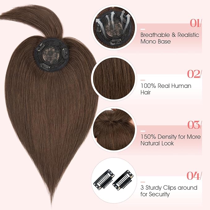 Hairro Mono Hair Toppers with Bangs, 3.4" x 3.4" Mono Base 100% Real Human Hairpieces for Women, 150% Density Clips In Topper for Greyish Thinning Hair, 12 Inch Dark Brown