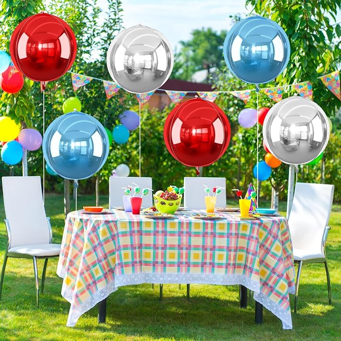 6Pcs Red Blue Silver Round Foil Balloons, 22inch 4D Metallic Balloons, Large - Image 6