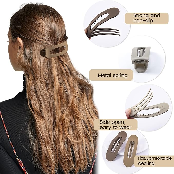 8 Pcs Large Lay Flat Claw Clips for Women French Side Slide Barrettes for Thin Fine Hair Rectangle Alligator Hair Accessories, Matte Multiple Brown
