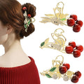 3 Pack Metal Cherry Hair Claw Clips with Rhinestones, Cute Rabbit & Squirrel Gold Clamps, 4.3 Inch Large Non-Slip Jaw Clips for Thick Hair, Summer Coquette Aesthetic (Red & Gold)