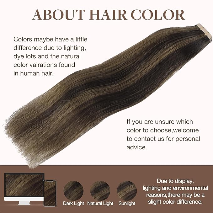 GOO GOO Tape in Hair Extensions Human Hair, 2/6 Dark Brown Highlighted Chestnut Brown, 22inch 30g 10pcs, Skin Weft Seamless Invisible, Silky Straight with Thick Ends, Remy Human Hair