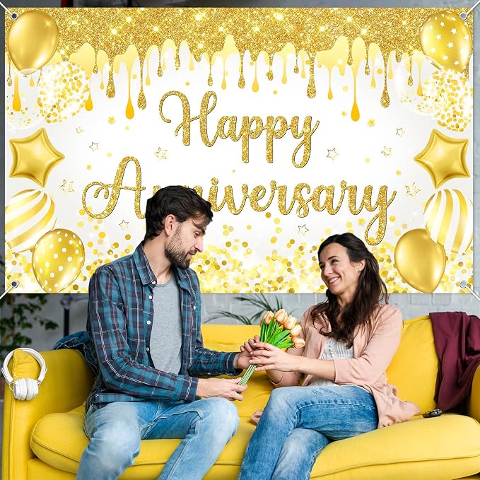 Mocsicka Happy Anniversary Banner White Gold Happy Anniversary Party - Image 5